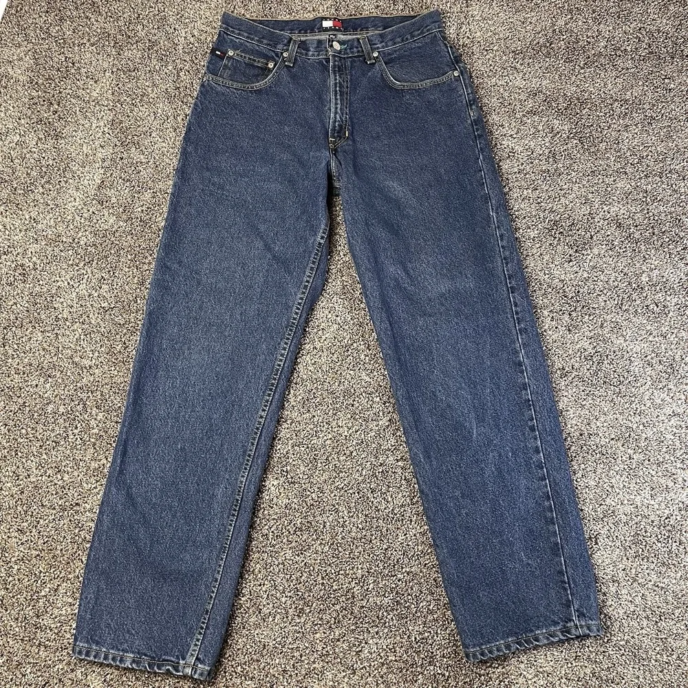 90s Y2K Tommy Hilfiger Men Size 32x32 Denim Jeans Baggy Spellout Embroidered VTG